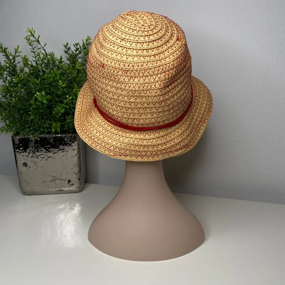 Ann‎ Taylor Womens Straw Bucket Hat Tan Red Zigzag Stitch Sun Hat Cottagecore